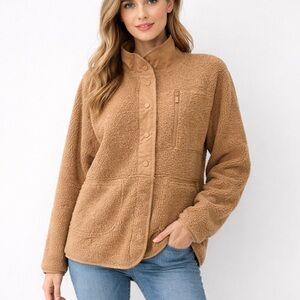 Victoria's Secret PINK Sherpa Jacket M Camel Tan Cozy Fleece Teddy Coat Snaps